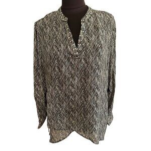 Notations Petite Womens Stud Embellished Black & Gray Pattern Blouse PXL